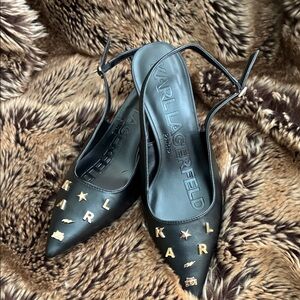 NWOT Karl Lagerfeld Black Heels with Gold Logo  Accents